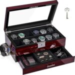ANWBROAD 12 Slots Watch Box for Men, 2Tier Wooden Case, Lockable Glass Lid