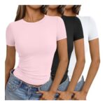 AUTOMET Womens 3-Piece Short Sleeve Crop Tops Set, Slim Fit