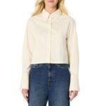 Amazon Essentials Womens Oversized-Fit Cropped Cotton Stretch Poplin Button-Down Shirt, Cream – L