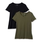 Amazon Essentials Womens Reg-Fit V-Neck Tee, Pack of 2, Olive/Black – £7.19 S&S