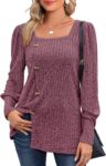 Aokosor Womens Long Sleeve Tops Ladies Lightweight Jumpers Square Neck Front Button Tunic