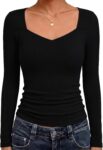 Aottori Long Sleeve Tops Womens Ribbed V Neck T-Shirts Plain Slim Fit Tunic