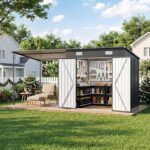 Aoxun 76ft Metal Storage Shed with Canopy,14x6ft Outdoor Garden Tool House