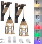 Battery Operated Wall Sconce Set of Two, 12 RGB Colors Wireless Rechargeable Wall Light with Remote Control, Dimmable Farmhouse Wood Wall Lamp for Bedroom Living Room.