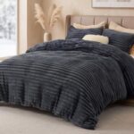 Bedsure Double Duvet Cover Sets – Teddy Fleece Bedding Set Stripe, Grey