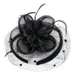 Black Fascinator Hat with Veil and Flower Feather
