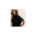 Black Faux Button Batwing Textured Short Sleeve Top