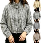 Bomber Jacket Women Gingham Stand Collar Jacket Cropped Checked Windbreaker