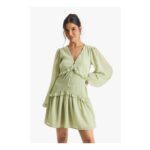 Boohoo Chiffon Long Sleeve Pleated Waist Mini Dress