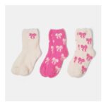 Bows Fluffy Fleece Socks, Pink/Cream – 3 Pack