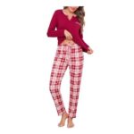 Bresdk Ladies Pajama Set Long Sleeve Checked Red S