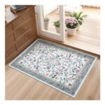 CAROMIO Floral Door Mat 60×100 Cm Non-Slip Washable Blue