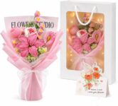 CECOMBINE Crochet Flower Bouquet, Handmade Knitted Flowers with LED String Lights, Gift Bag & Greeting Card Included, Birthday Gift for Women, Mum, Best Friend, Teacher, Graduation Gift (Pink)