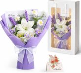 CECOMBINE Crochet Flower Bouquet, Handmade Knitted Flowers with LED String Lights, Gift Bag & Greeting Card Included, Birthday Gift for Women, Mum, Best Friend, Teacher, Graduation Gift (Purple)