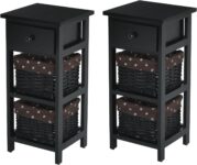COSTWAY Bedside Table, Paulownia Wood Nightstand Sofa Side Tables with Wooden Drawer and 2 Wicker Baskets, Shabby Chic Bedside Cabinet End Table for Living Room Bedroom (2, Black)