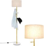 COSTWAY Floor Lamp with Coat Rack, Multi-Purpose Standing Lamp with Linen Lampshade, 5 Hooks, Foot Switch & Weighted Base, Tall Tree Floor Lighting Reading Lamp for Living Room Bedroom, E27 Socket