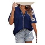 CXMSYY Womens Floral Embroidered Puff Short Sleeve Blouse, Navy L