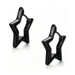 Cangall Black Mens Unisex Silver Star Hoop Earrings