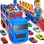 Carrier Truck Toys for Kids, 65inch & FoldableTransporter Truck Toy with 10 Cars (4 Pull Back Car6 Race Car), Race Track Truck for Boy Kids, Toy Cars for 2-6 Year Olds Boy Gift for Birthday/Christmas