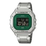 Casio Illuminator Green Face Stainless Steel Series Watch W-218HD-3AV, w/code