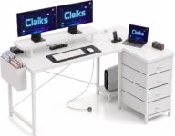 Claiks L Shaped Desk with Drawers, 140x80cm Corner Computer Desk with Power Outlets & USB Ports, Home Office Desk with Storage, Monitor Shelf and PC Holder, White