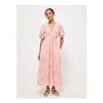 Coral Stripe Abstract Floral Puff Sleeve Midi Dress