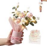 Crochet Daisy Flowers Bouquet with Light & Flower Greeting Card & Bag Handmade Knitted Flowers for Birthday Anniversary Wedding Home Decor Teachers Day Mother Valentine Grandma Gift (Pink&White)