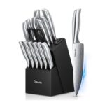 D.Perlla 15-Piece Stainless Steel Knife Set with Block and Sharpener