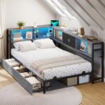 DICTAC 3ft Single Bed 90×190 with 2 Storage Drawers, Single Storage bed with LED Lights & Charging Station, Day Bed with Storage, Oak Grey LED Corner BedL-Shaped Space-Saving Single Bed Frame, Modern