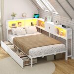 DICTAC 3ft Single Bed 90×190 with 2 Storage Drawers, Single Storage bed with LED Lights & Charging Station, Day Bed with Storage, White LED Corner Bed Space-Saving Single Bed Frame, Modern