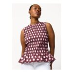 Dark Red Shirred Sleeveless Spotted Top