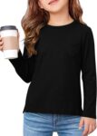 Demegimi Girls Long Sleeve Top Big Kids Cute Heart Pocket Plain T-Shirt Crewneck Soft Blouse Casual Undershirt Youth Teens Tee Age 5-14 Years