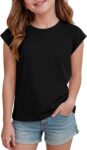 Demegimi Girls T-Shirts – Summer Short Sleeve Tops, Childrens Solid Crew Neck Casual Sport Tees, Basic Everyday Top for Kids 5-14 Years