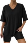 Demegimi Tops for Women Short-Sleeve T-Shirt V-Neck Casual Loose Shirt Holiday Vacation Clothes for Ladies