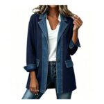 Denim Patchwork Jacket for Women with Button Cardigan