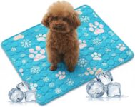 Dog Cooling Mat Blue Paw Print Pet Cooling Mat Summer Cooling Mat for Dogs Easy-Fold Pet Cool Mat for Home Travel Soft Sleeping Pad for Home Car Crate Travel (M(60 50cm))