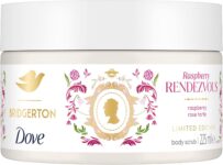 Dove Limited Edition Bridgerton Raspberry Rendezvous Body Scrub exfoliating scrub with a raspberry & rose tart scent for deep nourishment 225 ml