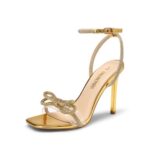Dream Pairs Brielle Double Bow Sandals, Clear Slingback, Gold-Rhinestone, Size5