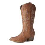 Dream Pairs Womens Cowboy Boots Pointed Toe Brown PU Size5