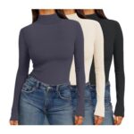 Ekouaer Womens Ribbed Long Sleeve Tops, Basic, Black/Dark Grey/Beige, XL