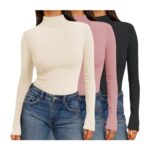 Ekouaer Womens Ribbed Long Sleeve Tops, Black/Beige/Pink, L