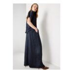 Et Vous Navy Crinkle Satin Co Ord Wide Leg Trousers