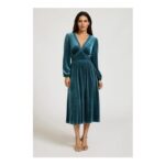 FS Collection Silver Foil Velvet Lace Trim Neckline Midi Dress