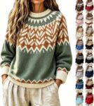 Fair Isle Jumpers for Women UK Crew Neck Nordic Sweater Knitted Christmas Tops Retro Fairisle Jumpers Loose Fit Pullover Warm Ladies Winter Autumn Clothes Knitwear Festival Xmas Gifts