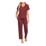 Famulily Womens Short Sleeve Pyjamas Set, Button-Down, 2-Piece, Wine, M