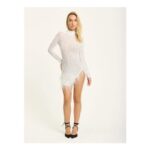 Feather Hem Embellished Mesh Mini Dress-Large
