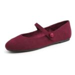 Feversole Womens Mary Jane Flats Buckle Slip-on Burgundy Corduroy UK5