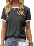 Fisoew Womens T-Shirt Colour Block Short Sleeve Shirts Basic Crew Neck Summer Tee Top