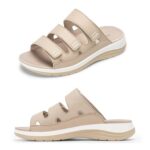 FitVille Womens Wide Fit Open Toe Sandals, Adjustable Strap, Beige