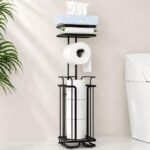 Free Standing Toilet Roll Holder with Shelf, Black Toilet Paper Holder Stand Holds 4 Rolls, Toilet Paper Storage with Wooden Shelves, Rustproof Toilet Tissue Holder for Bathroom